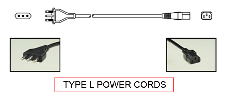 TYPE L Power cords are used in the following Countries:
<br>
Primary Country known for using TYPE L power cords is Italy.

<br>Additional Countries that use TYPE L power cords are Chile, Libya.

<br><font color="yellow">*</font> Additional Type L Electrical Devices:


<br><font color="yellow">*</font> <a href="https://internationalconfig.com/icc6.asp?item=TYPE-L-PLUGS" style="text-decoration: none">Type L Plugs</a> 

<br><font color="yellow">*</font> <a href="https://internationalconfig.com/icc6.asp?item=TYPE-L-CONNECTORS" style="text-decoration: none">Type L Connectors</a> 

<br><font color="yellow">*</font> <a href="https://internationalconfig.com/icc6.asp?item=TYPE-L-OUTLETS" style="text-decoration: none">Type L Outlets</a> 

<br><font color="yellow">*</font> <a href="https://internationalconfig.com/icc6.asp?item=TYPE-L-POWER-STRIPS" style="text-decoration: none">Type L Power Strips</a>

<br><font color="yellow">*</font> <a href="https://internationalconfig.com/icc6.asp?item=TYPE-L-ADAPTERS" style="text-decoration: none">Type L Adapters</a>

<br><font color="yellow">*</font> <a href="https://internationalconfig.com/worldwide-electrical-devices-selector-and-electrical-configuration-chart.asp" style="text-decoration: none">Worldwide Selector. View all Countries by TYPE.</a>

<br>View examples of TYPE L power cords below.